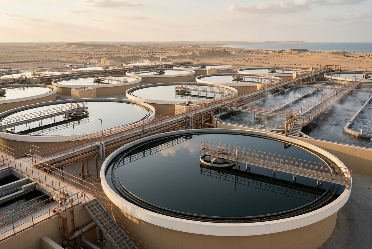 Modern water treatment facility with sedimentation basins
