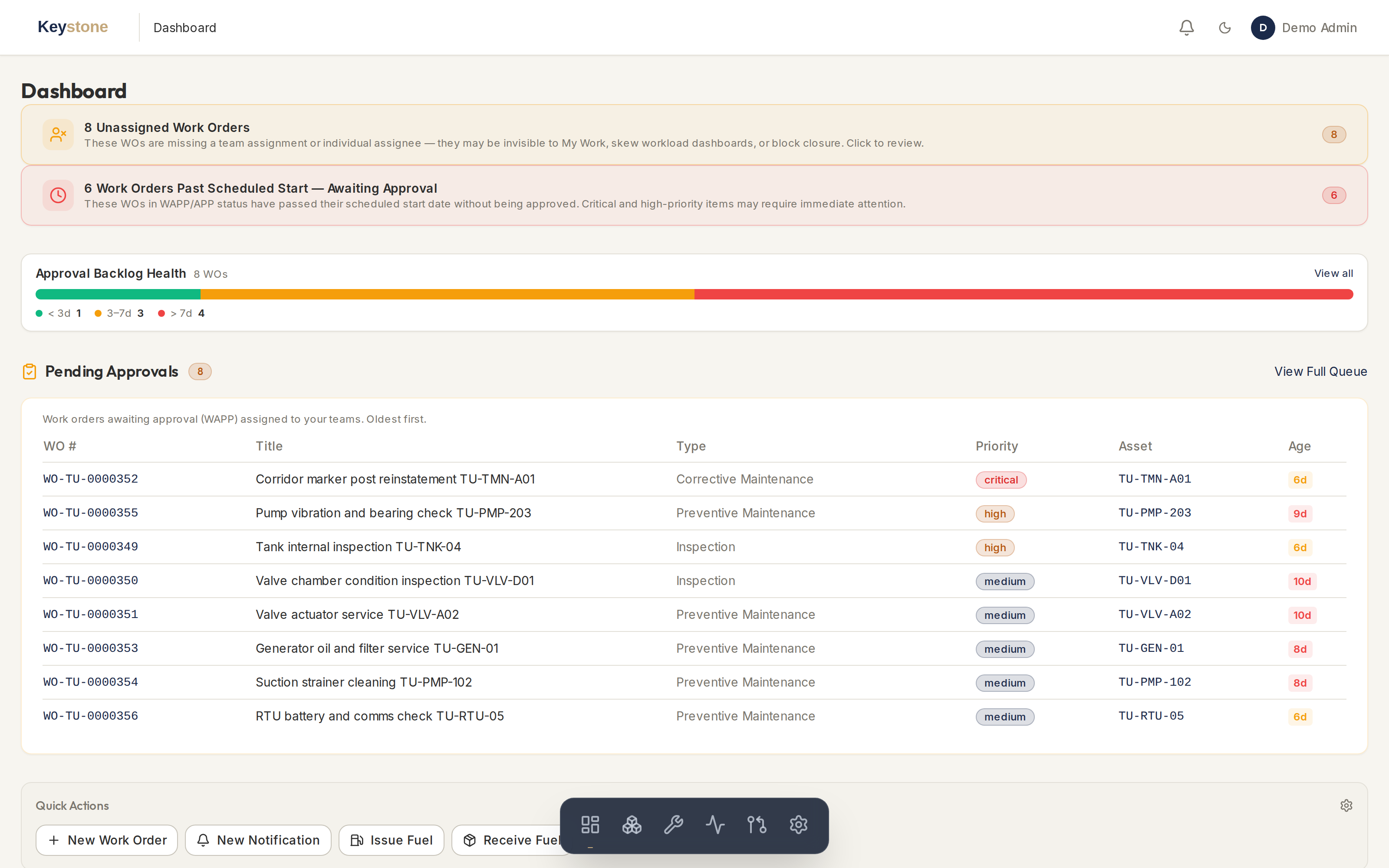 Keystone operations dashboard showing pending work order approvals, backlog health and quick actions